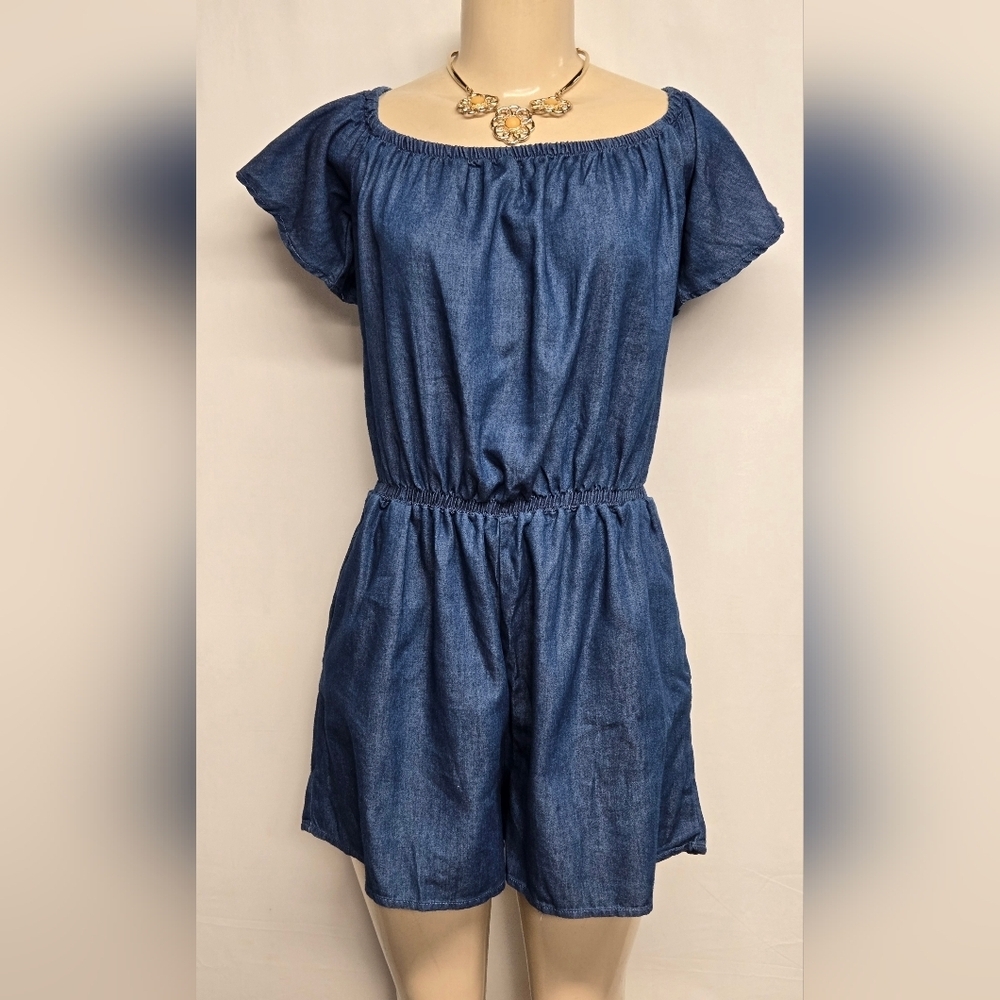 Toxik3 L Denim Shorts Romper Elastic Neck & Waist 100% Cotton Off Shoulder